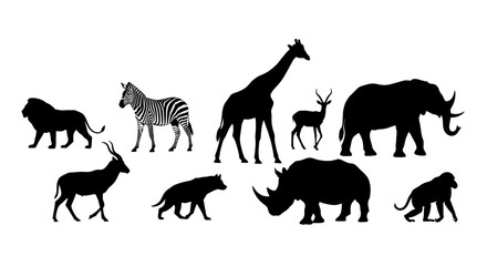 Fototapeta premium Majestic African Wildlife Silhouettes: A Striking Collection on White