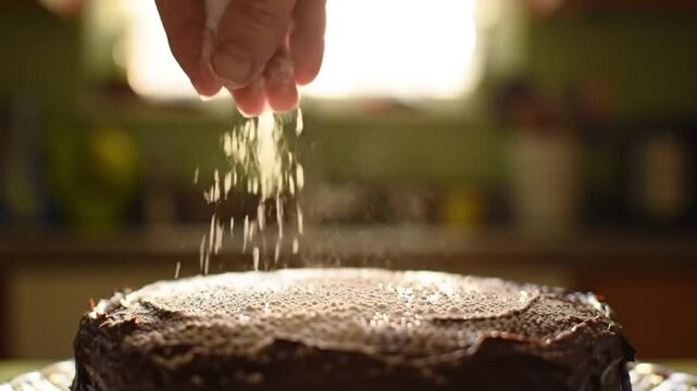 Hand sprinkling powdered sugar on a frosted chocolate cake in a bright kitchen area