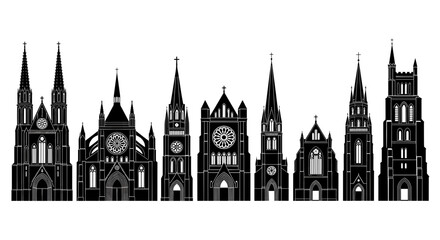 Fototapeta premium Ornate Black and White Church Silhouettes Against a Clear White Backdrop