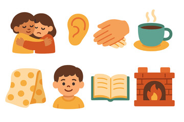 Comforting Icons Collection. Flat vector mini-illustrations comforting mourning in colors children's illustrations: warm hug,