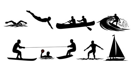 Naklejka premium Diverse aquatic sports silhouette illustration on a white background