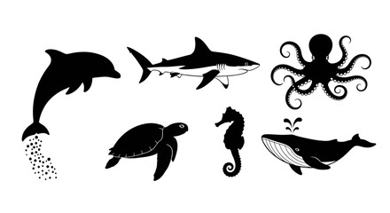 Obraz premium Collection of Black and White Sea Life Silhouettes Against White Background