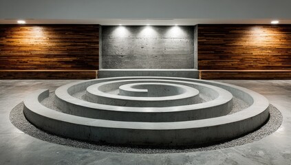 Modern spiral seating area, concrete and wood