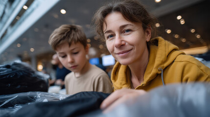 A mother and her young son are engaged in a shopping experience, showcasing a warm connection while exploring their surroundings in a retail environment.