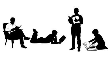 Silhouetted figures reading in varied positions against a white background