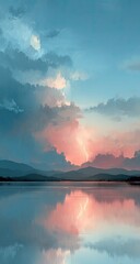 Fototapeta premium Serene sunset over a calm lake, reflected in the water. Soft, pastel colors blend with dramatic clouds