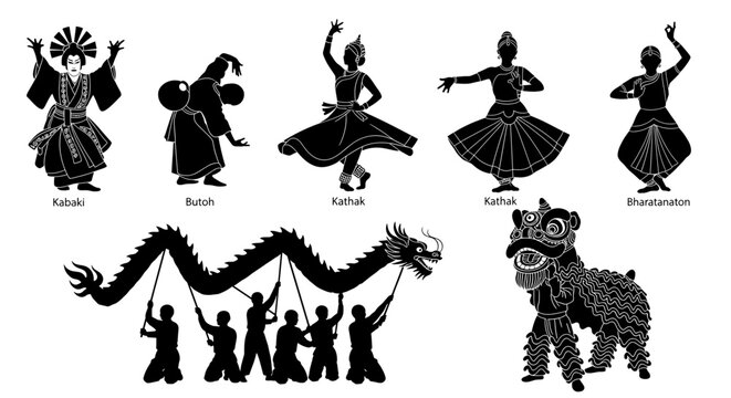 Diverse dance traditions depicted as black and white silhouette illustrations