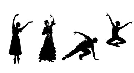 Silhouettes of dancers showcasing ballet, flamenco, breakdance and jazz dance moves.