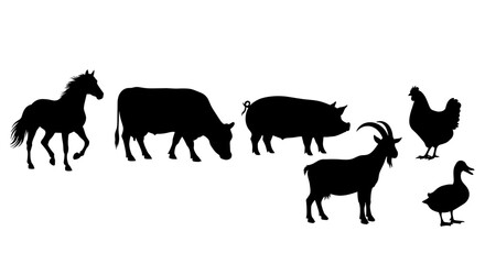 Obraz premium Farm Animals Silhouette Set: Vector Graphics, Art, Isolated White Background