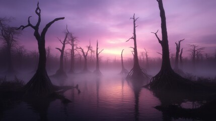 Eerie twilight in a misty swamp with bare trees and reflective waters