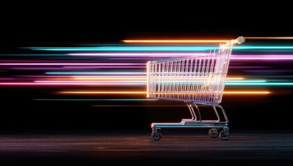 Transparent shopping cart with vibrant streaks of light