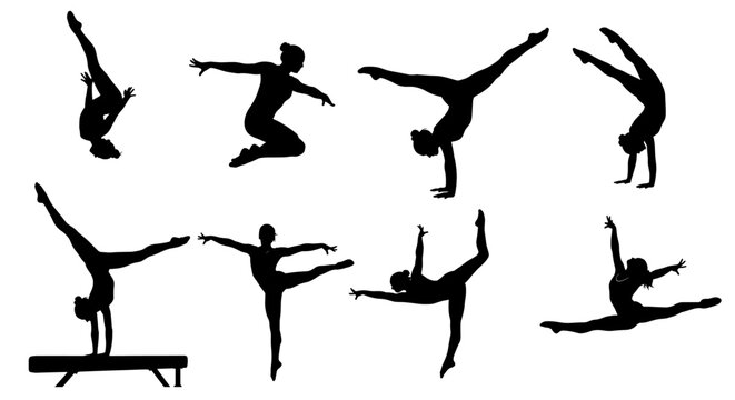 Dynamic gymnastics silhouette collection against white, a demonstration of skill
