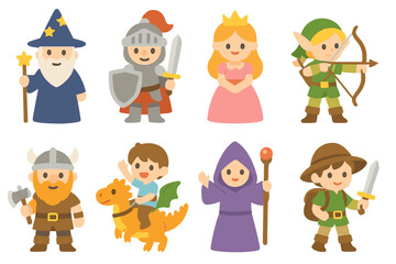 Fantasy Heroes Icons. Flat vector mini-illustrations fantasy heroes in colors children's illustrations: wizard, knight, princess,