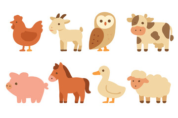 Fototapeta premium Farm Animals Icons. Flat vector mini-illustrations rustic animals in colors children's illustrations: farm chicken, goat, barn owl
