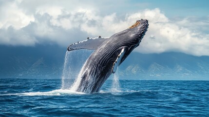 Fototapeta premium Humpback whale breaching in the ocean.