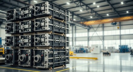 Stacked finished directair carbon capture contactor modules ready for shipment from a highcapacity manufacturing facility.