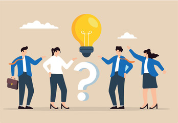 Flat illustration of business people stand with question mark and lightbulb symbolizing QA session to solve problem	
