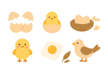 Fototapeta premium Hatching Egg Adventures. Flat vector mini-illustrations cracked eggs and animals in colors children's illustrations: cracked egg,