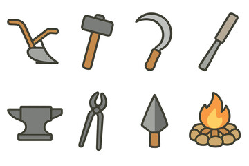 Iron Age Tool Icons. Flat vector mini-illustrations Iron Age tools in colors children's illustrations: iron plow, hammer, sickle,
