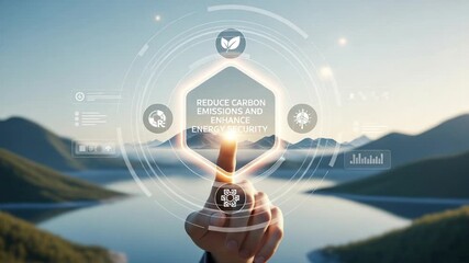 Finger touching screen with reduce carbon emissions text over a landscape environment view