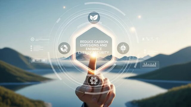 Finger touching screen with reduce carbon emissions text over a landscape environment view