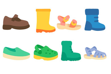 Kids Footwear Icons. Flat vector mini-illustrations children's footwear in colors children's illustrations: school shoe, rain boot
