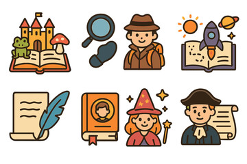 Literary Style Icons. Flat vector mini-illustrations literary styles in colors children's illustrations: fairy tale, mystery,