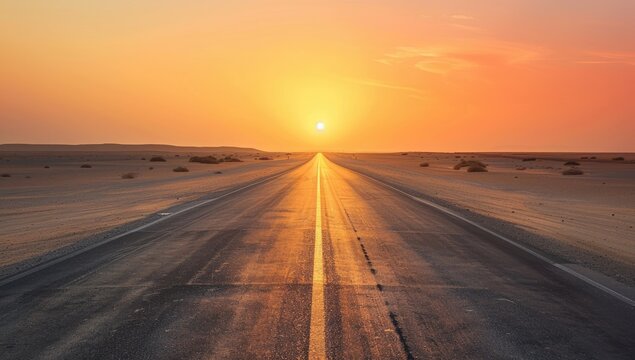 A long, straight asphalt road vanishes into a vibrant sunset over a flat desert landscape. The sun's glow illuminates the road's center line, creating a dramatic perspective - Powered by Adobe