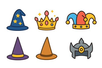 Magical Hats Collection. Flat vector mini-illustrations magical hats in colors children's illustrations: wizard hat, fairy crown,
