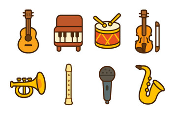 Mini Musical Instrument Icons. Flat vector mini-illustrations miniature instruments in colors children's illustrations: tiny