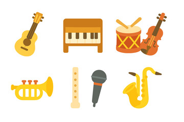 Mini Musical Instrument Icons. Flat vector mini-illustrations miniature instruments in colors children's illustrations: tiny