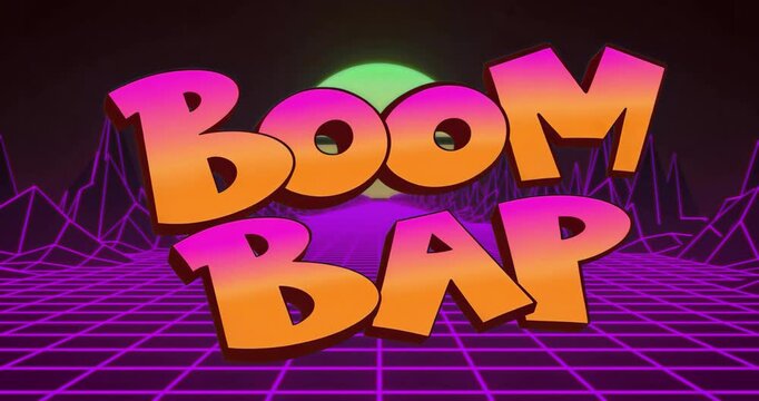 Fading in gradient BOOM BAP letters over neon grid and mountains staying static for retro vibe
