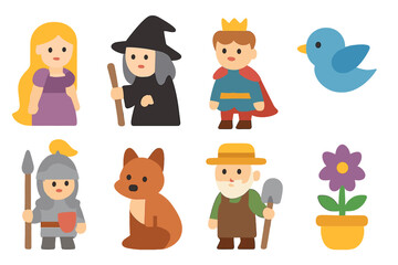 Rapunzel Story Characters. Flat vector mini-illustrations Rapunzel characters in colors children's illustrations: Rapunzel, witch,