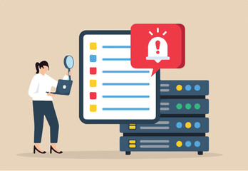 Flat illustration of data security expert inspecting security logs with alert notifications popping up	
