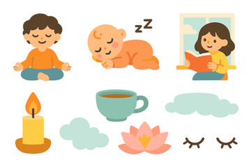 Serene Children's Icons. Flat vector mini-illustrations quiet moments in colors children's illustrations: meditation pose,