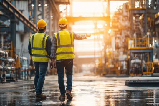 two construction workers, wearing high-visibility safety and carrying hard hats, are standing on the floor of an unfinished building with their backs to the camera Generative AI