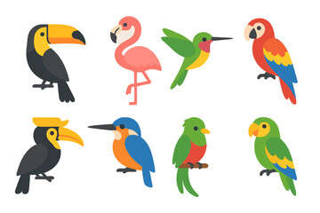 Obraz premium Tropical Bird Icons. Flat vector mini-illustrations tropical birds in colors children's illustrations: toucan, flamingo,