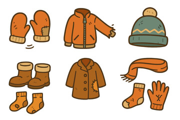 Winter Wear Icons. Flat vector mini-illustrations winter wear wear in colors children's illustrations: worn mittens, torn jacket