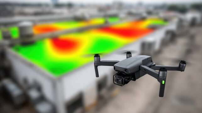 Droneassisted thermal imaging scan over a warehouse rooftop focused on the drones thermal sensor detecting heat spots with the background softly out of focus.
