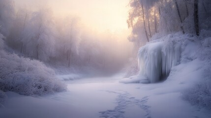 Majestic frozen wilderness with snowy trees and ice waterfall in tranquil winter sunset