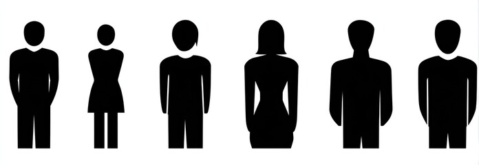 Six simple black silhouettes of people, three male and three female figures, are arranged in a horizontal row against a plain white background