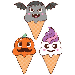 Ice cream monster happy Halloween cute ice cream isolated vector illustration on white background