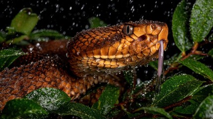 Close-up of a copper-toned snake emerging from green foliage, flicking its forked tongue