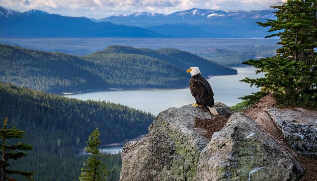 a bald eagle perched on a cliffside overlooking a vast wilderness with forests lakes and mountains stretching out below