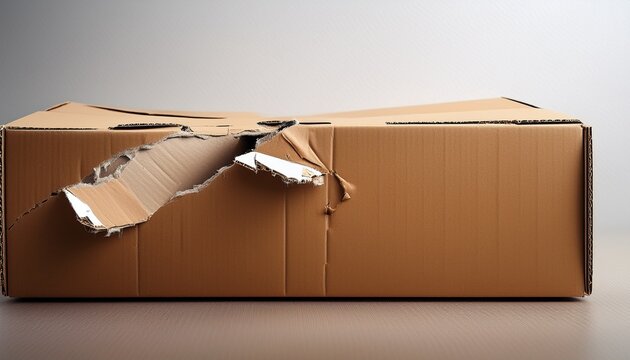 damaged cardboard box with torn edges and tape