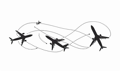 Three airplanes in flight, depicted as silhouettes, are shown following intertwining dotted paths against a white backdrop, suggesting a complex travel route or air traffic pattern.  