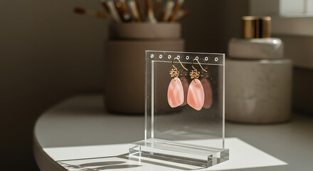  handcrafted rose gold and blush pink polymer clay earrings, delicately suspended on a modern acrylic display stand. Bathed in soft, natural sunlight with subtle shadows
