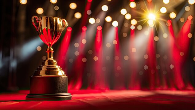A gold trophy sits center stage on a red carpet, bathed in dramatic stage lighting with blurred bokeh effects in the background, suggesting an award ceremony or celebratory event