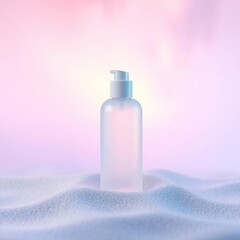 Frosted bottle on soft pink background.