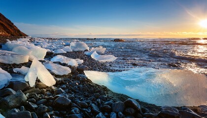 jagged ice shards on a rocky shoreline